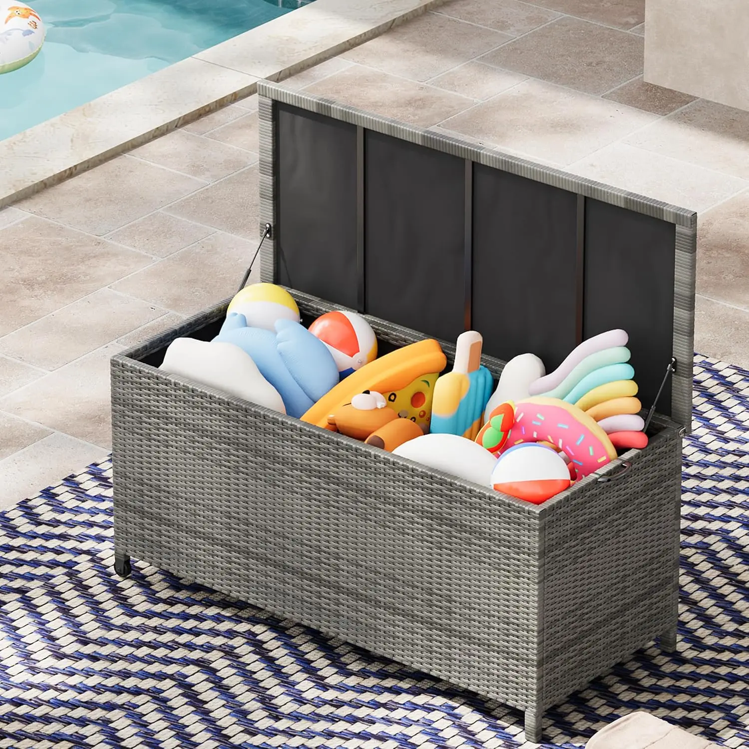 125 Gallon Outdoor Wicker Deck Box, All-Weather Waterproof Patio Storage with PE Rattan Finish & Steel Frame, for Cushions, Garden Tools, Pool Supplies, Lockable Gray Storage Box with Soft-Close Lid