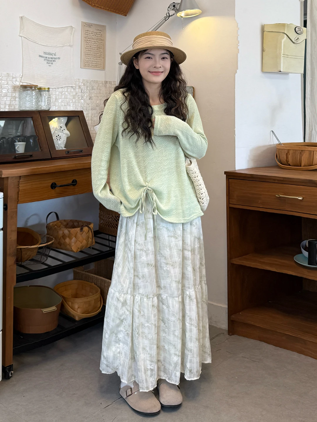 

plus Size Summer Faion Set Women's Knitted Top Lace Skirt Two-Piece Slimming Ensemble Gentle Sle Long Sve High Waist A...