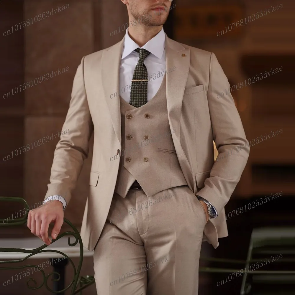 

New Beige Formal Occasion Business Men Suit Groom Groomsman Wedding Party Prom Male Tuxedos 3 Piece Set Blazer Vest Pants