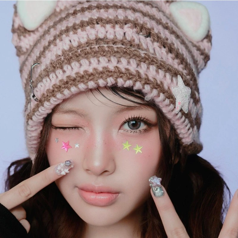 Japanese Ins Handmade Striped Little Devil Warm Knitted Hat Women's Street Cute Y2k Cat Ears Versatile Skull Beanie Hats Bonnet