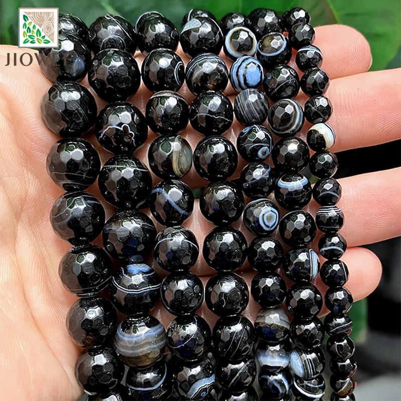 4/6/8/10/12mm Faceted Striped Black Agates Onyx Round Loose Beads For Natural handmade Jewelry Making DIY Bracelet 15'' Strand