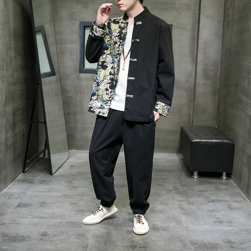 

Men Chinese Style Tracksuit Spring Autumn Two-Piece Cotton Set Men Print Tang Suit Men Zhongshan Suit Ancient Buckle Shirt+Pants