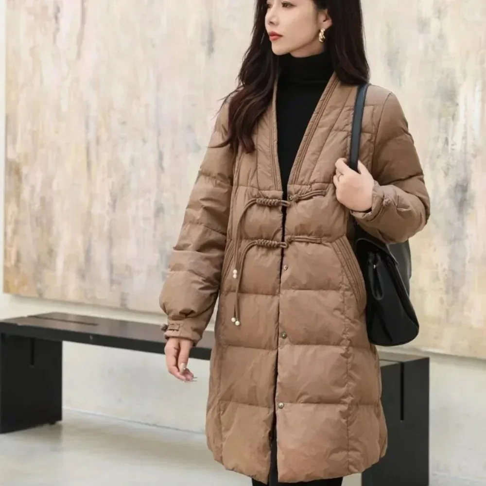 Leichter 90 % weißer Entendaunenmantel für Damen, 2025, neuer Herbst, lässig, V-Ausschnitt, warme Pufferjacke, Hemd, Frühlingsmode, Daunenjacke