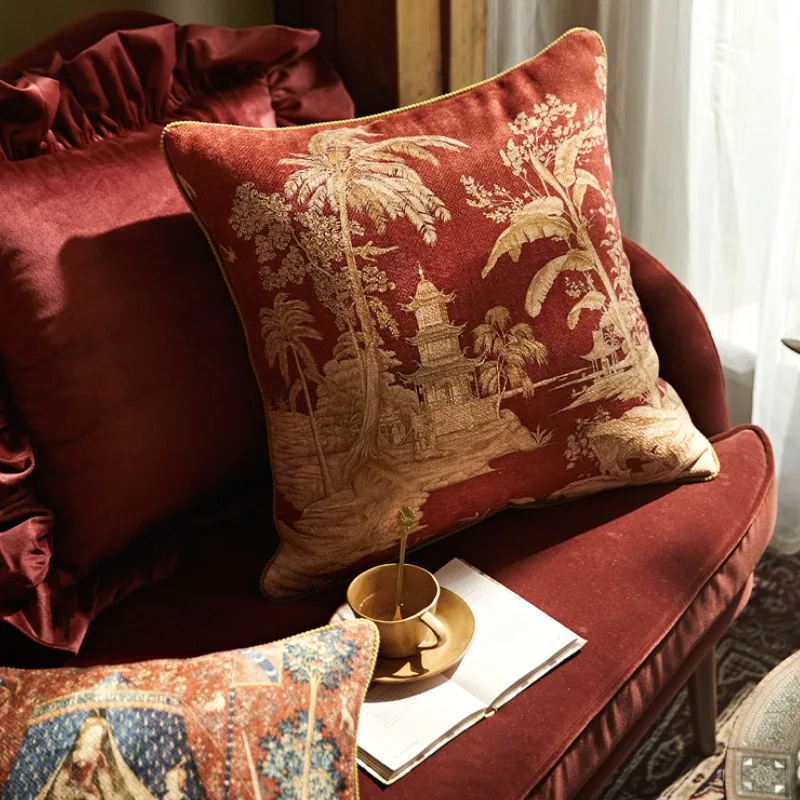 Retro Red Pillows Courtyard Print Cushion Case Luxury European Decorative Pillow Cover For Sofa Chair Home Decorations