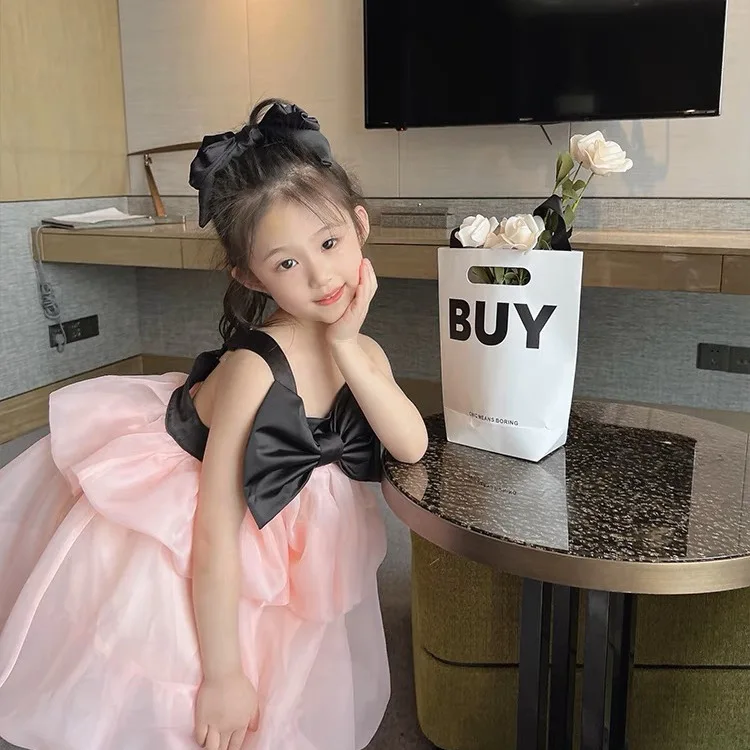 

Летнее платье для маленьких девочек 2025 года, черное платье с большим бантом для дня рождения, торта, модная детская одежда, Vestidos