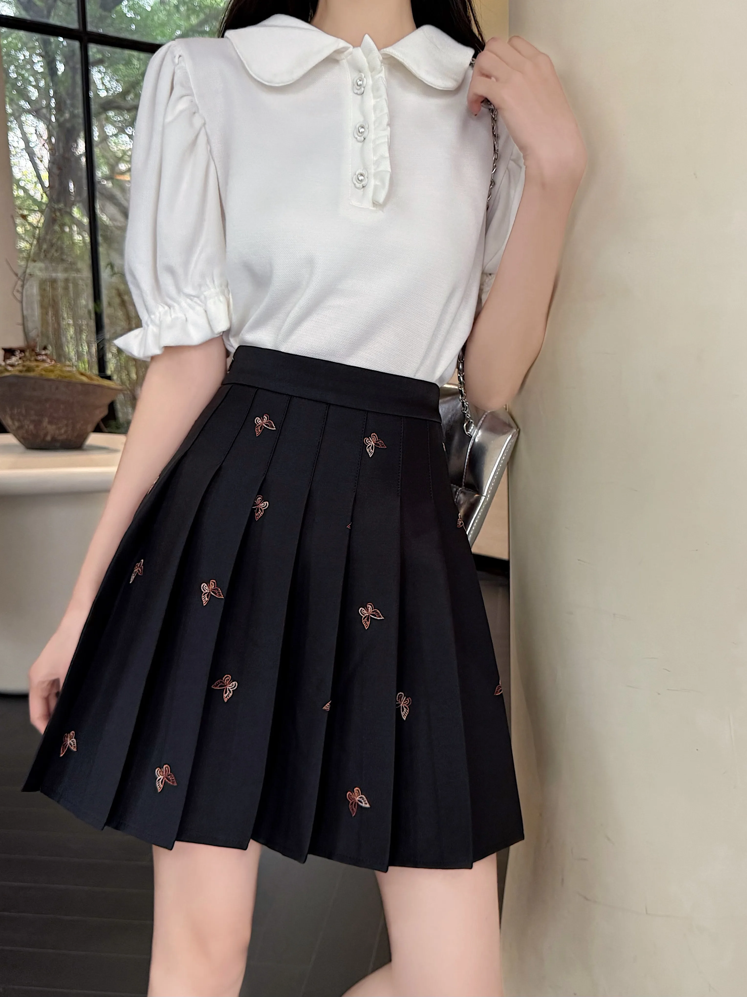 تنورة كورية فضفاضة مطرزة على شكل فراشة حلوة JK مقاس كبير تنورة بناتي صيفية عالية الخصر على شكل حرف a تنانير يابانية لتقليل العمر