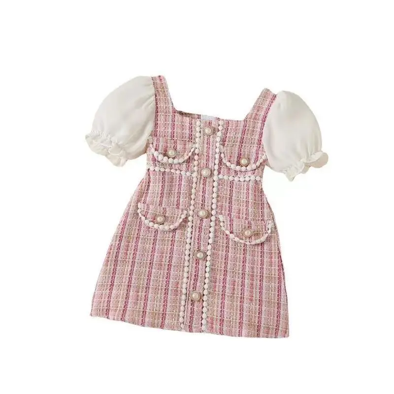 Baby girl princess dress spring/summer new style children\'s pearl button thin retro bubble sleeve fashionable dress