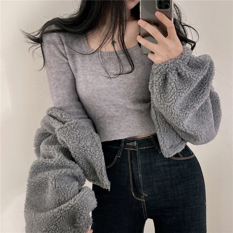 Koreanischer Stil Stehkragen-Hoodie mit Reißverschluss Übergroßer Damen-Hoodie für Herbst/Winter Lammwolle Langarm-Freizeitoberteil Y2K Streetwear-Stil – Detail 20