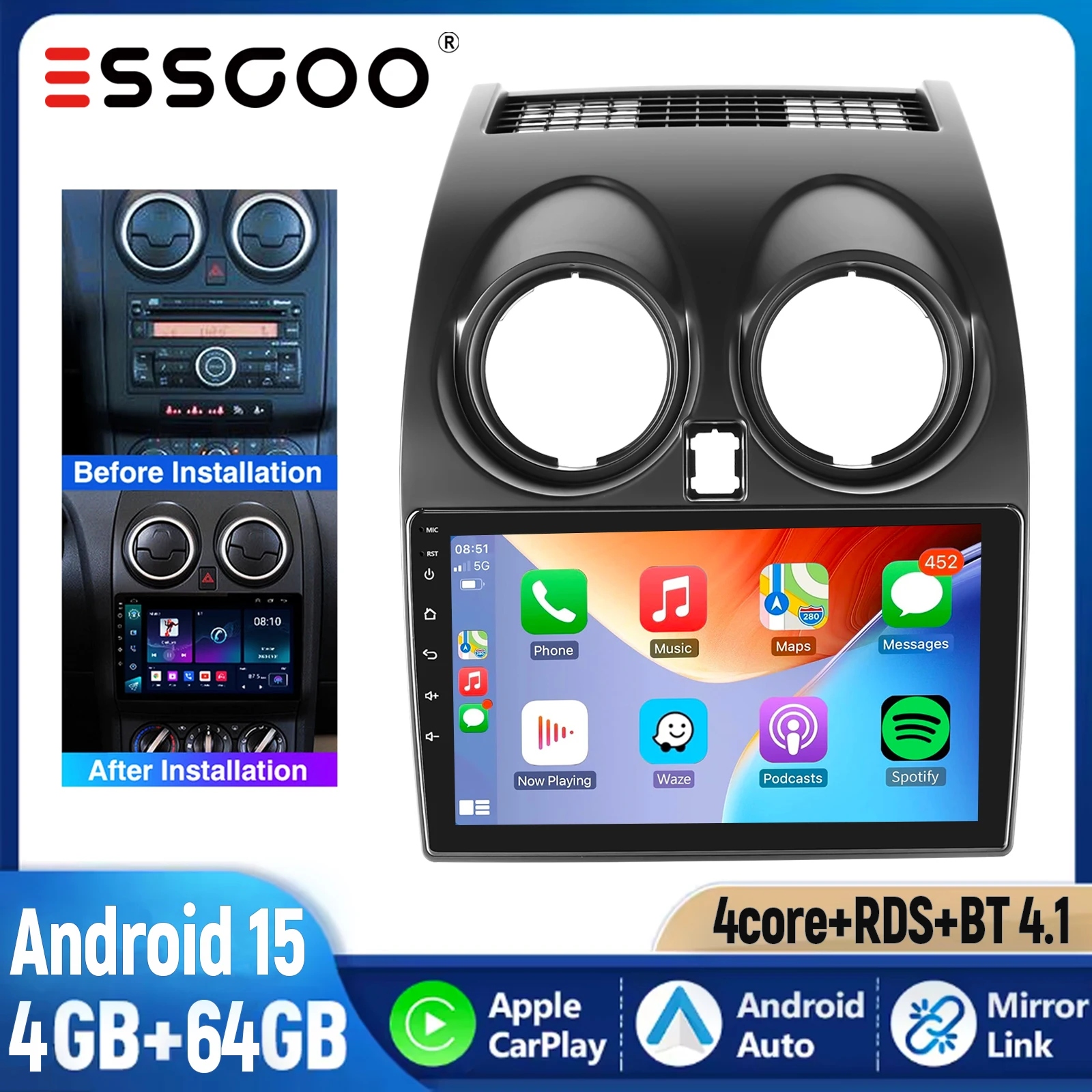 ESSGOO 9" Android 15 autoradio voor Nissan Qashqai J10 2007-2013 met Carplay, GPS, FM, RDS, WIFI, SWC, BT en Mirrorlink