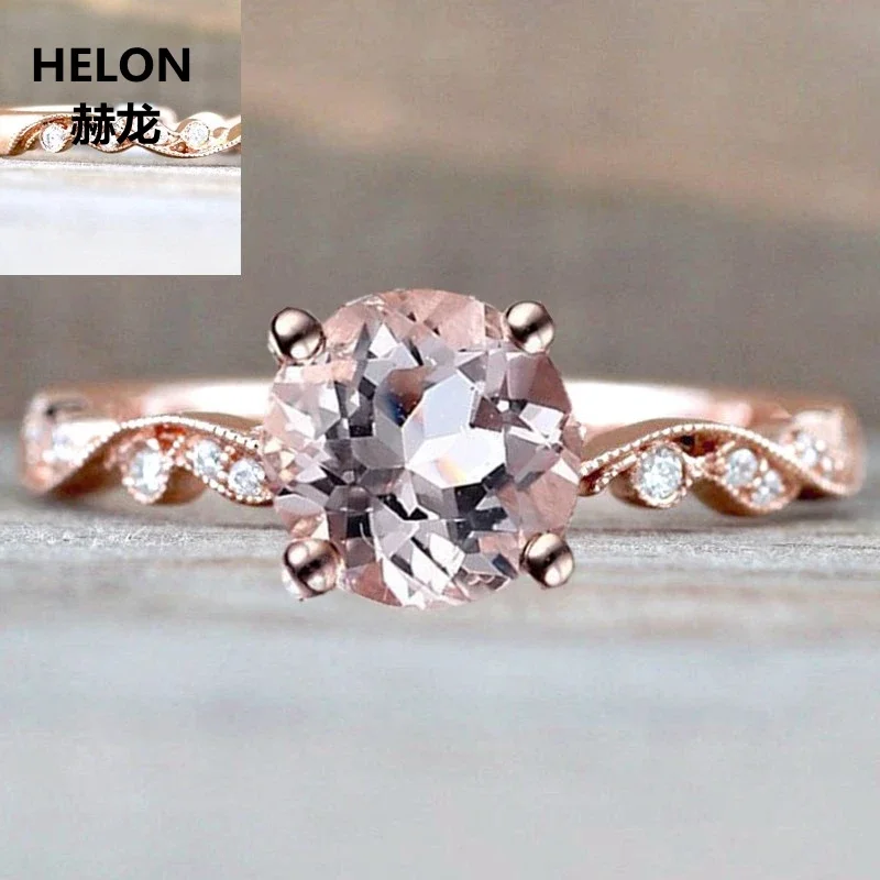 Solid 14k Rose Gold Natural Diamonds Engagement Ring 6mm Round Natural Morganite Wedding Ring Vintage Millgrain