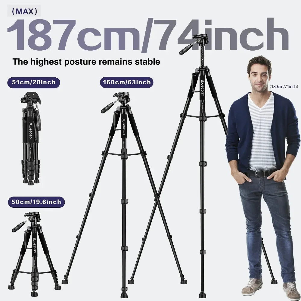 Q188 187cm/73in Tall Tripod Stand for Professional Camera Spotlight Telescope Binoculars 360° Rotatable Phone Holder for Video