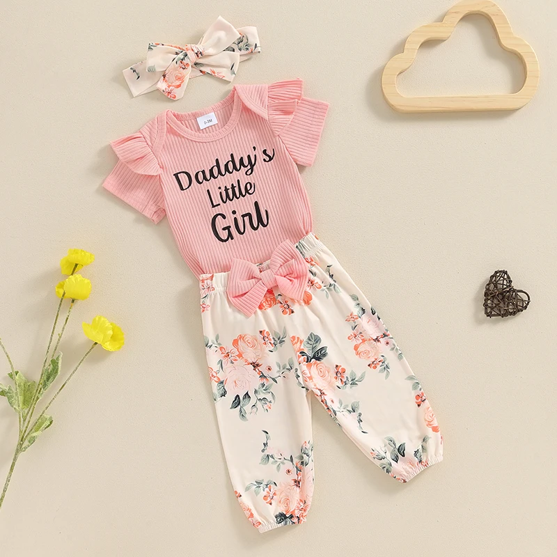 Baby Girls Summer Outfit Letter Print Short Sleeves Romper and Floral Pants Headband 3 Piece Set