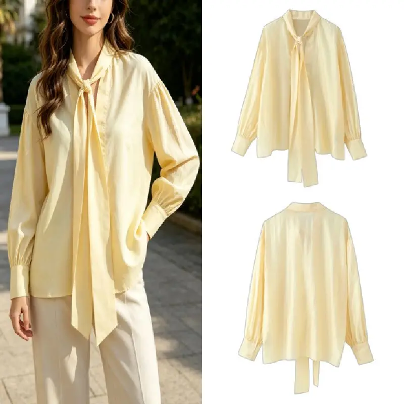 

Chic 2026 Summer Blouse Vintage Bow Shirt for Women Long Sleeve Casual Tops Female Office All-match Bow Decorated Tee