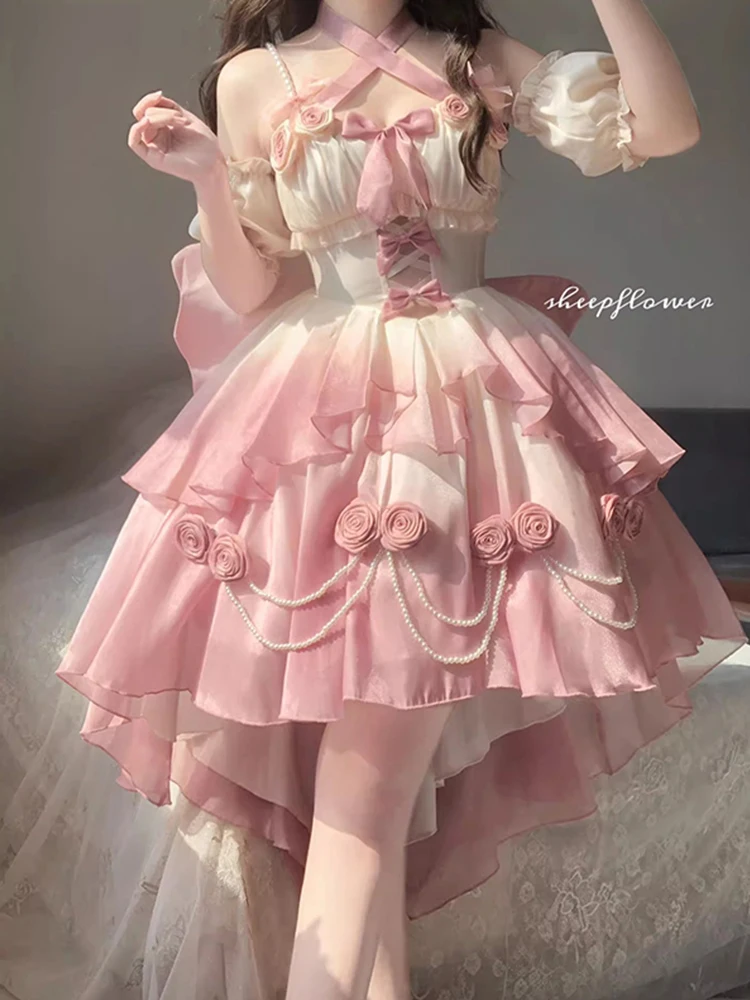 Gradient powder cutout front short after gorgeous sweet lolita Lolita Heavy heavy train princess dress