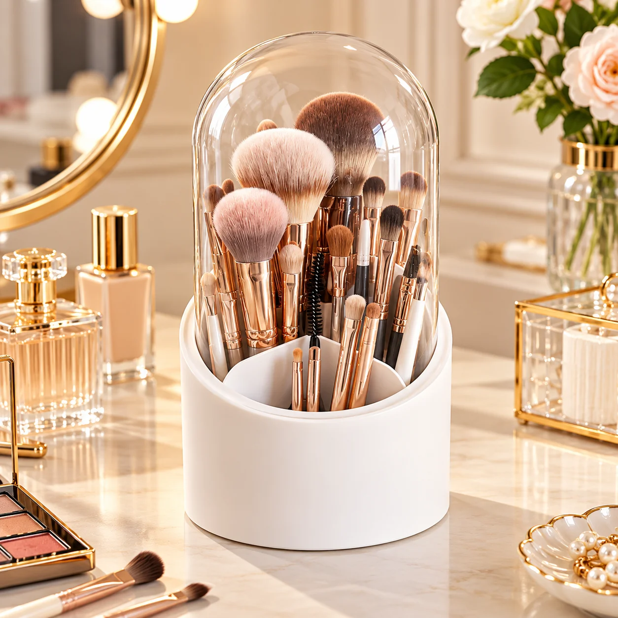 360 Rotating Dustproof Makeup Brush Holder Cosmetic Storage Box With Clear Cover Vanity Desktop Organizer Eyebrow Pencil Holder