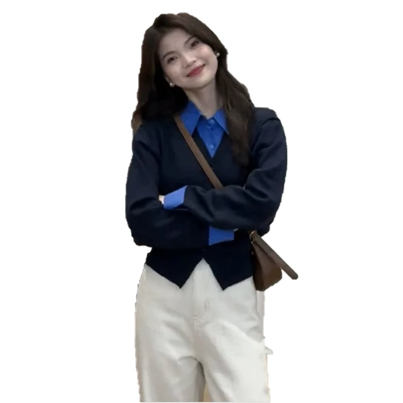 Autumn Faion Loose Women's Open Cardigan Fake Two-Piece Sle Slimming College Sle Top Korean Version Long Sve  Co...