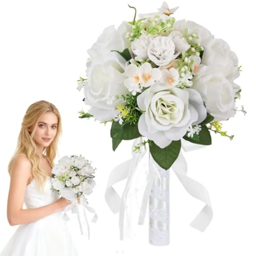 

Wedding Bouquet for Bride 8 Inch Artificial Silk Roses, Realistic Bridal and Bridesmaid Bouquet for Ceremony, Church, Anniversa