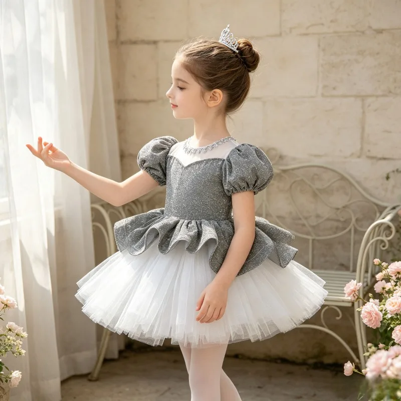 Summer Glitter Puff Sleeve Tutu Layered Tulle Skirt Rhinestone Neck Outfit For Ballet Dance Stage Hosting Holiday Performance