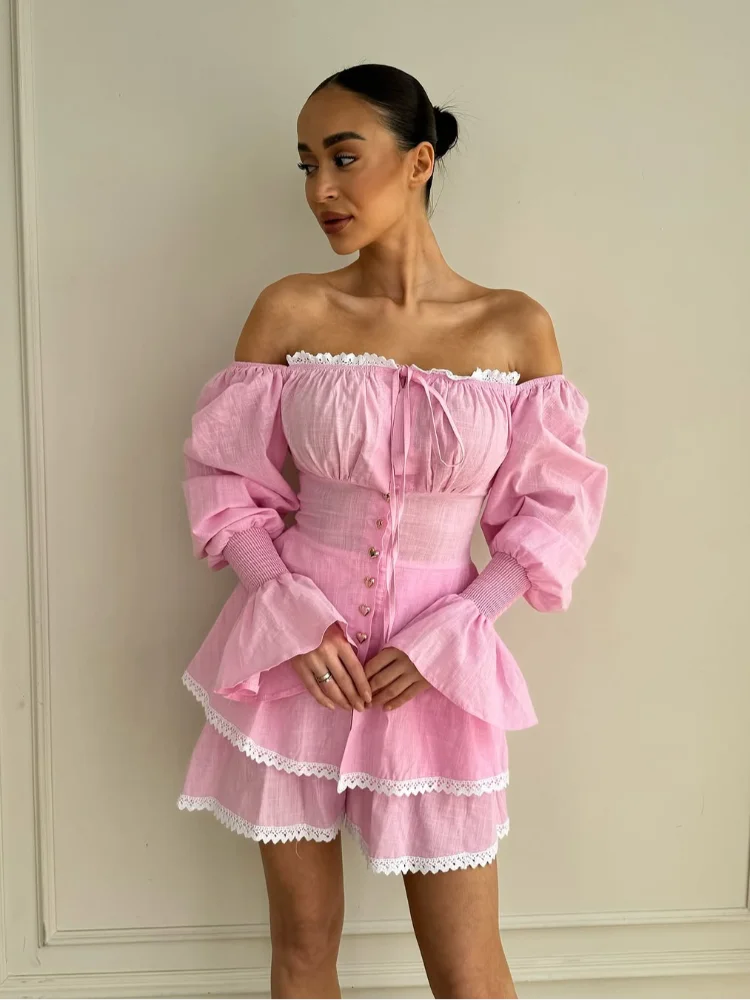 

Fashion Off Shoulder Shirt Short Pants Suit Women Lace Up Solid Puff Sleeve Patchwork Shorts Female 2025 Summer Beach Sets Lady