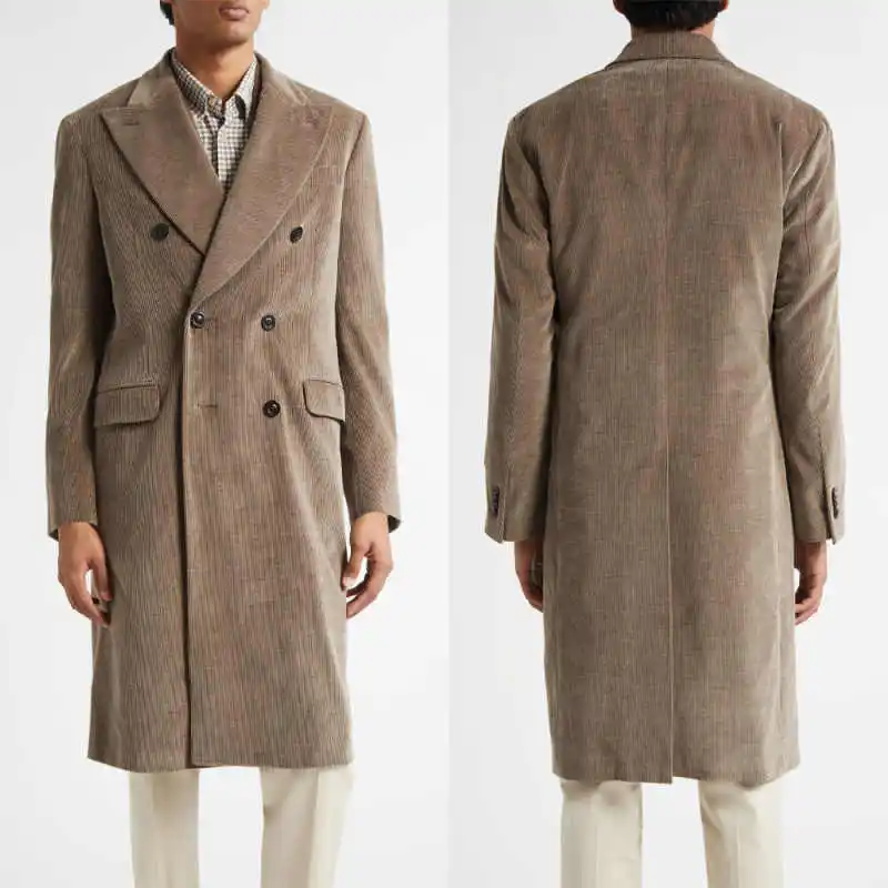 

Casual Corduroy Men Coat Double Breasted Autumn Winter Thick Long Overcoat Peaked Lapel Customized One Piece