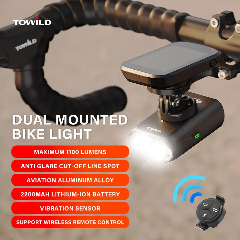 Imagen de Luces de Bicicleta TOWILD BL900 de Doble Montaje con Haz de Luz Enfocado/Amplio, 1100LM, Recargables, Iluminación Diurna y Nocturna para Seguridad