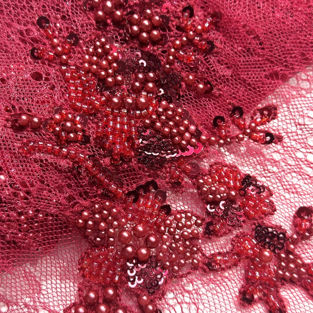 

Hand Cut Red African Sheer Lace Fabric 2026 High Quality Floral Beaded Sequins Lace Fabric For Wedding Luxurious Dress by Yards