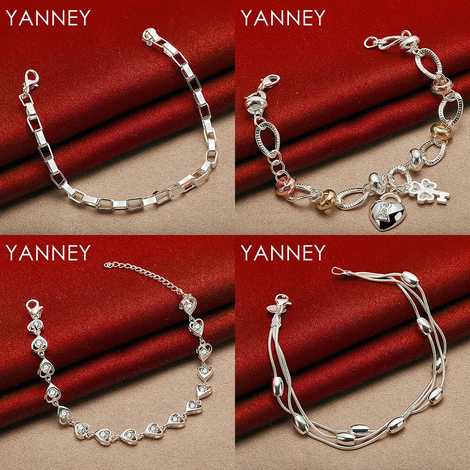 

925 Sterling Silver 8" Delicate Heart Shaped Four Leaf Clover Bracelet Women Jewelry Charm Accessories Fashion Party