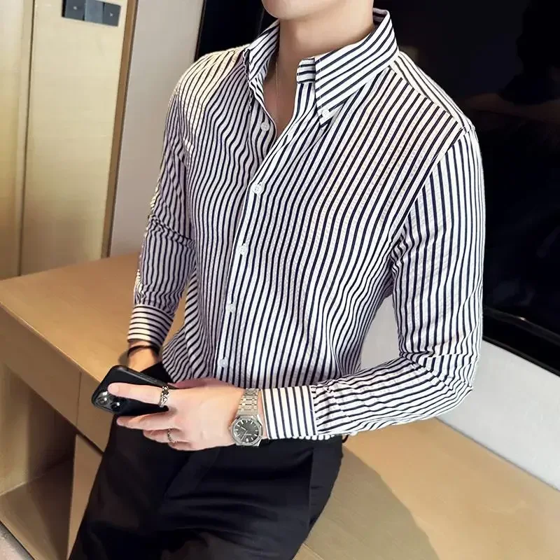 Plus Size 4XL-M Autumn New Seersucker Fabric Long Sleeve Striped Shirts For Men Clothing Business Formal Wear Slim Fit Tuxedo