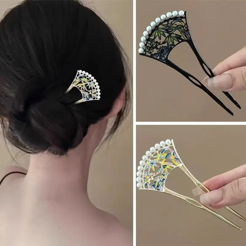 

2025 Ethnic Style U-Shaped Hair Sticks New Chinese Style Fringed Fan Shaped Alloy Hairpin for Women Pearl Hairpin Hair Accessory