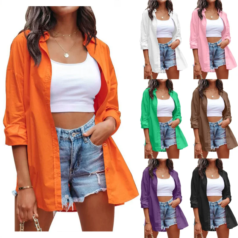 Primavera verão camisa feminina algodão solto casual manga longa blusa mulher sólida escritório senhora topos botão moda camisas streetwear