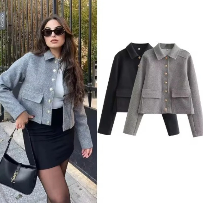 

Осенняя новая европейская и американская трансграничная женская одежда для городского отдыха, мягкая металлическая пряжка, декоративная куртка, пальто