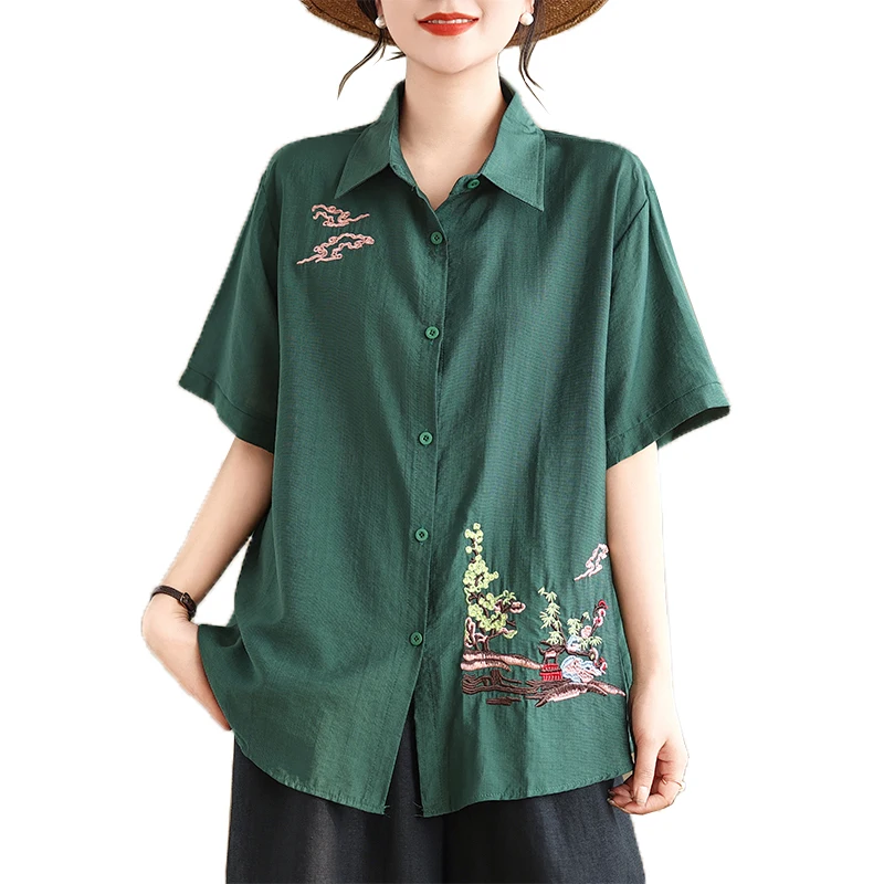 Summer New Heavy Embroidery ort Sve Loose Slimming Fat MM Belly Covering up Top Turn-down Collar Open Cardigan ort Sve