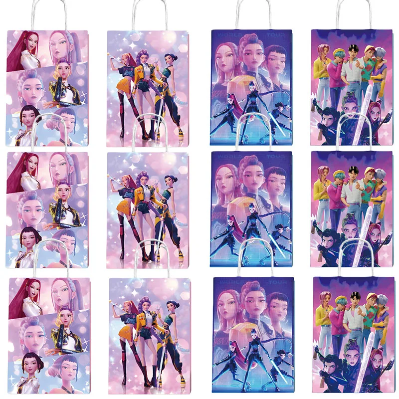 

12 шт. KPop охотники на демонов, подарочные пакеты из крафт-бумаги, сумки для покупок с ручками, аниме, мультяшная сумка для конфет, украшение для дня рождения