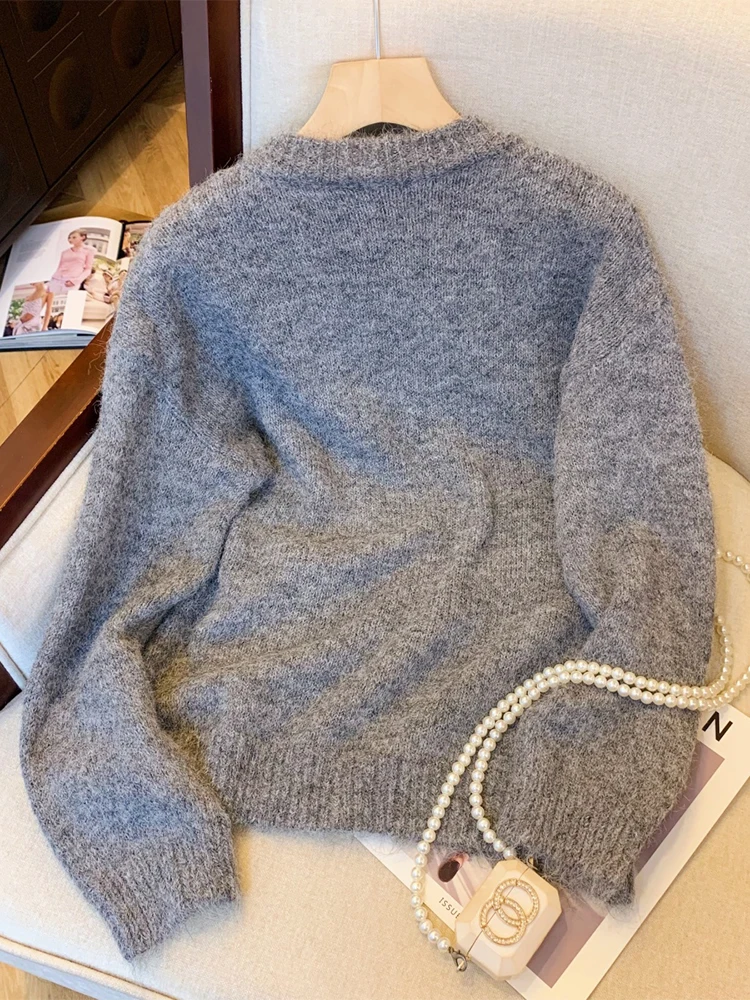 Women's Grey Pullover Panda Sweater Harajuku Y2k Long Sleeves O-Neck Cashmere Sweaters Vintage 2000s Fashion Clothes Autumn 2024