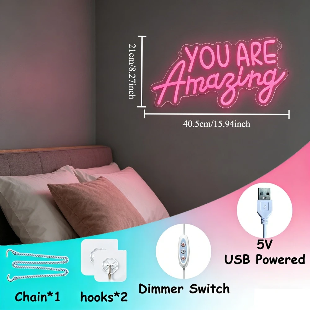Pink You Are Amazing LED Neon Sign USB Dimmable Wall Light for Bedroom Wedding Proposal Birthday Gift Cafe Flower Shop Decor