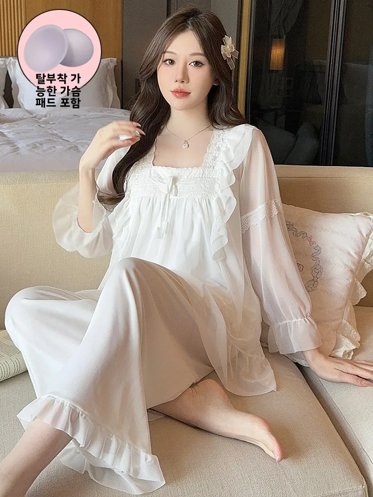 

Женский комплект из модала Long Sve Spwear с накладкой на грудь Fairy Sle, домашняя одежда, белая удобная ночная рубашка на весну, осень и зиму