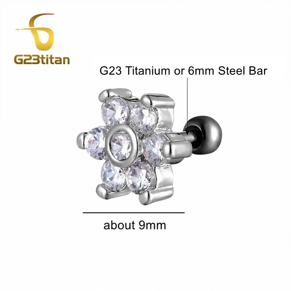 1pc 16G Titanium Or Steel Cartilage Helix Piercing Jewelry Crystal Flower Star Feather Lobe Tragus Daith Screw Back Stud Earring image 2