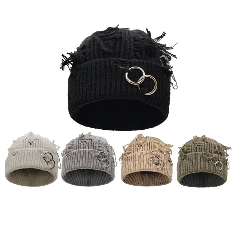 

New Men Women Broken Style Metal Bandhnu Knitted Hats Warm American Street Fashion Hip-hop Beanies Retro Versatile Personal Ins