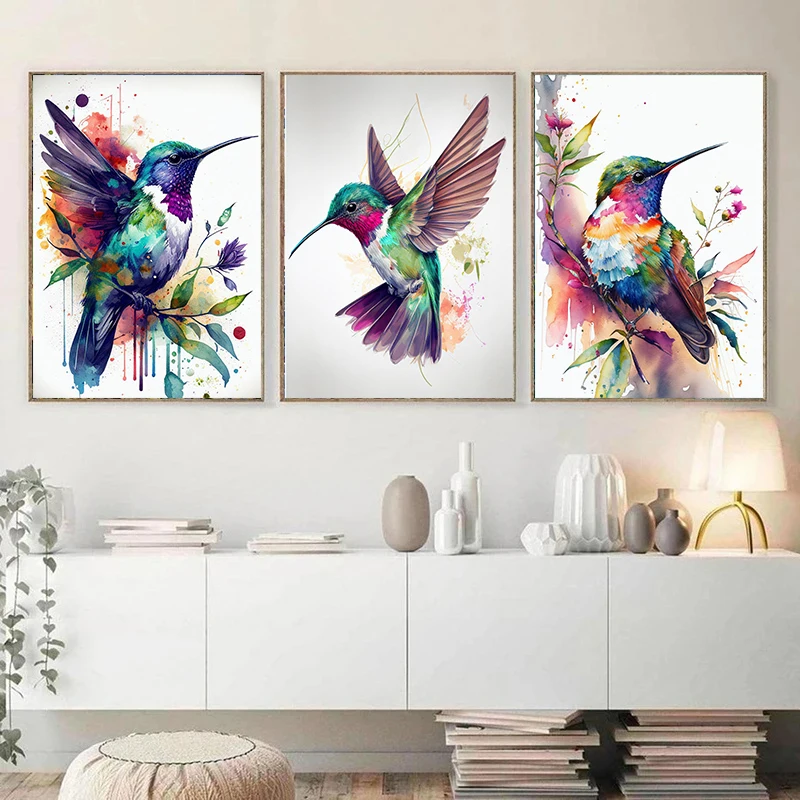 수채화 다채로운 새 Hummingbird 꽃 벽 아트 캔버스 회화 포스터 및 인쇄 거실 사진 홈 장식
