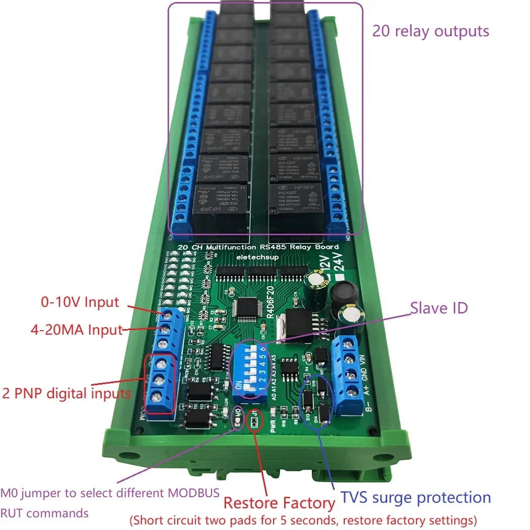 Modbus RTU Relay Module 20CH 10A Relay Output 0-10V 0-20mA Analog Input PNP DI DIN Rail PLC IO Expansion Board