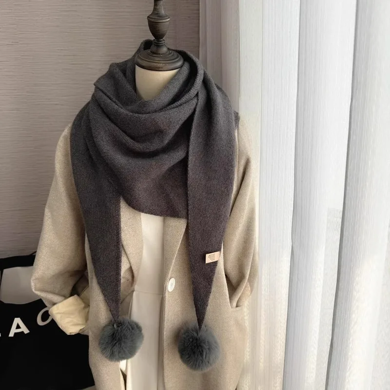 Bufanda de punto con bola colgante extraíble para mujer, pelo de conejo de imitación coreano, sentido avanzado japonés, grueso y cálido