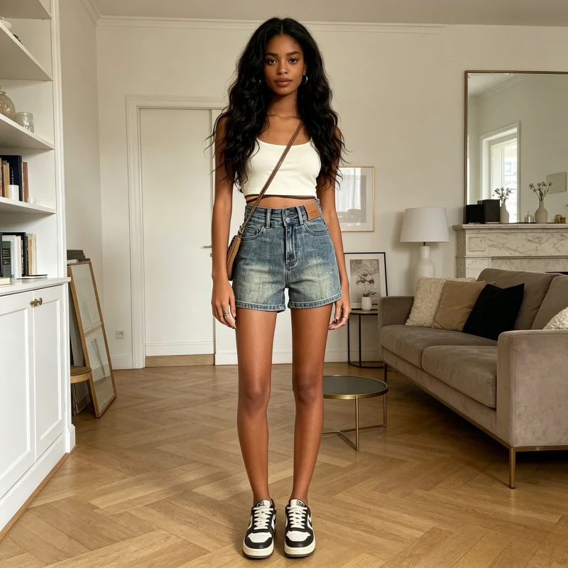 Denim Shorts Women Jeans Vintage Short Pants Slim Fit High Waist Two Buttons Trousers Y2k Streetwear Elegant Splice Work Casual - Detail 1