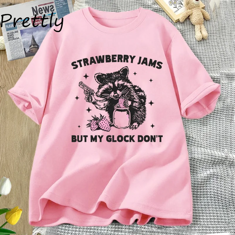 Funny Raccoon Strawberry Jams T Shirt Women Cotton Round Neck Tshirt Streetwear Short Sleeve T-shirt Summer Fashion Tee Oversize