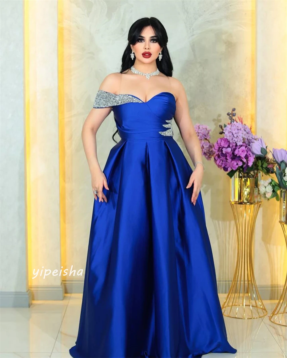 Ball Dress Evening Satin Draped Sequined Pleat Quinceanera A-line Off-the-shoulder Bespoke Occasion Gown Long Dresses