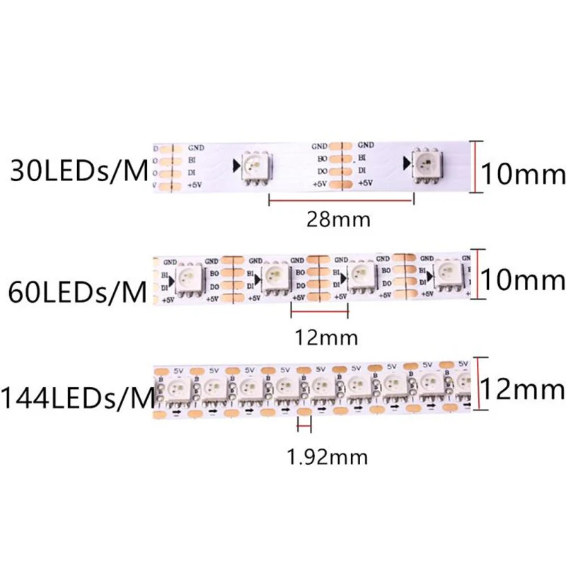 DC5V WS2812 144 ARGB LED Strip Light SMD 5050 Full Color Pixel Tape Lights 30/60/144LEDs/M Waterproof WS2812B RGB IC Addressable