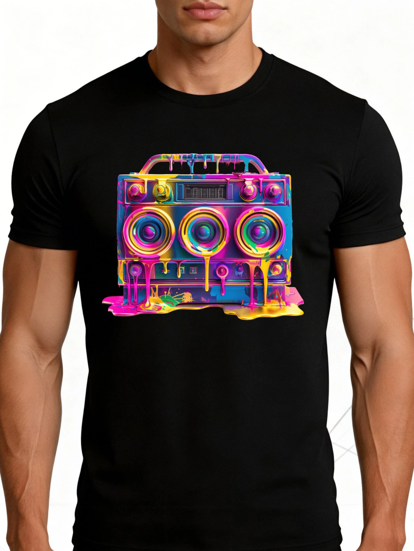 Colorful Graffiti Style Men's T-Shirt, Boombox Design Summer Casual Wear, Gift for Music Lovers
