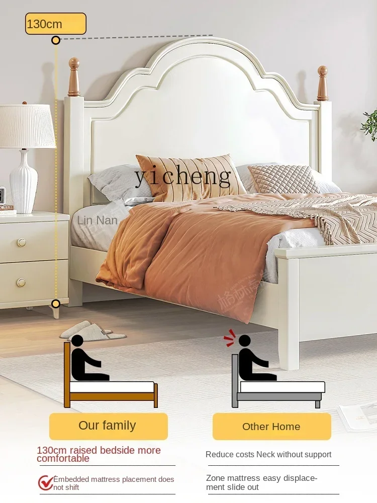 U5.13 Massivholzbett Vintage Prinzessinnen-Doppelbett Hauptschlafzimmer Weiß Creme Windiges Design