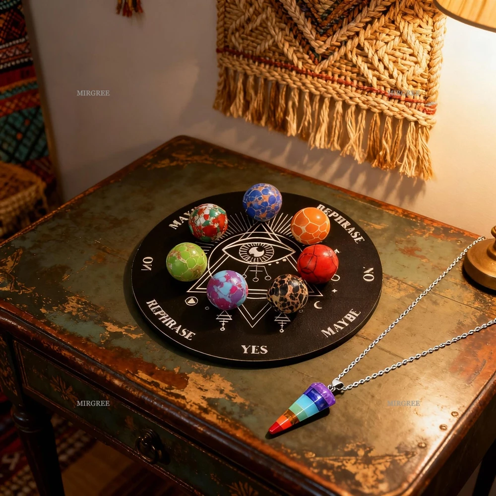 مجموعة كرات كريستال مكونة من 9 قطع مع لوحة عرافة السحر وقلادة شقرا، مناسبة للتأمل والمذبح وعلامة العمل