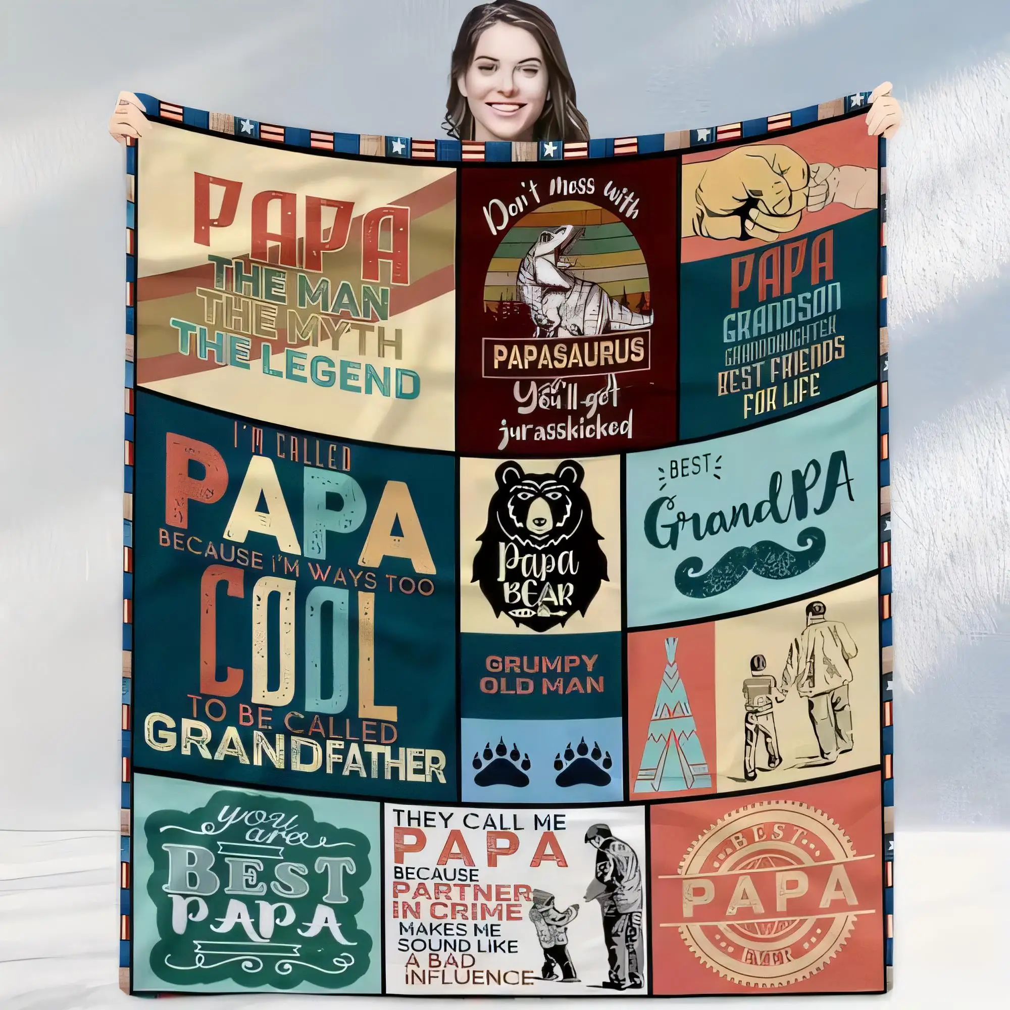 Divertida manta para abuelo con múltiples paneles, acogedora diseño Vintage, regalos para papá, verde azulado, rojo, negro, suave y cálida con frases humorísticas para Gr