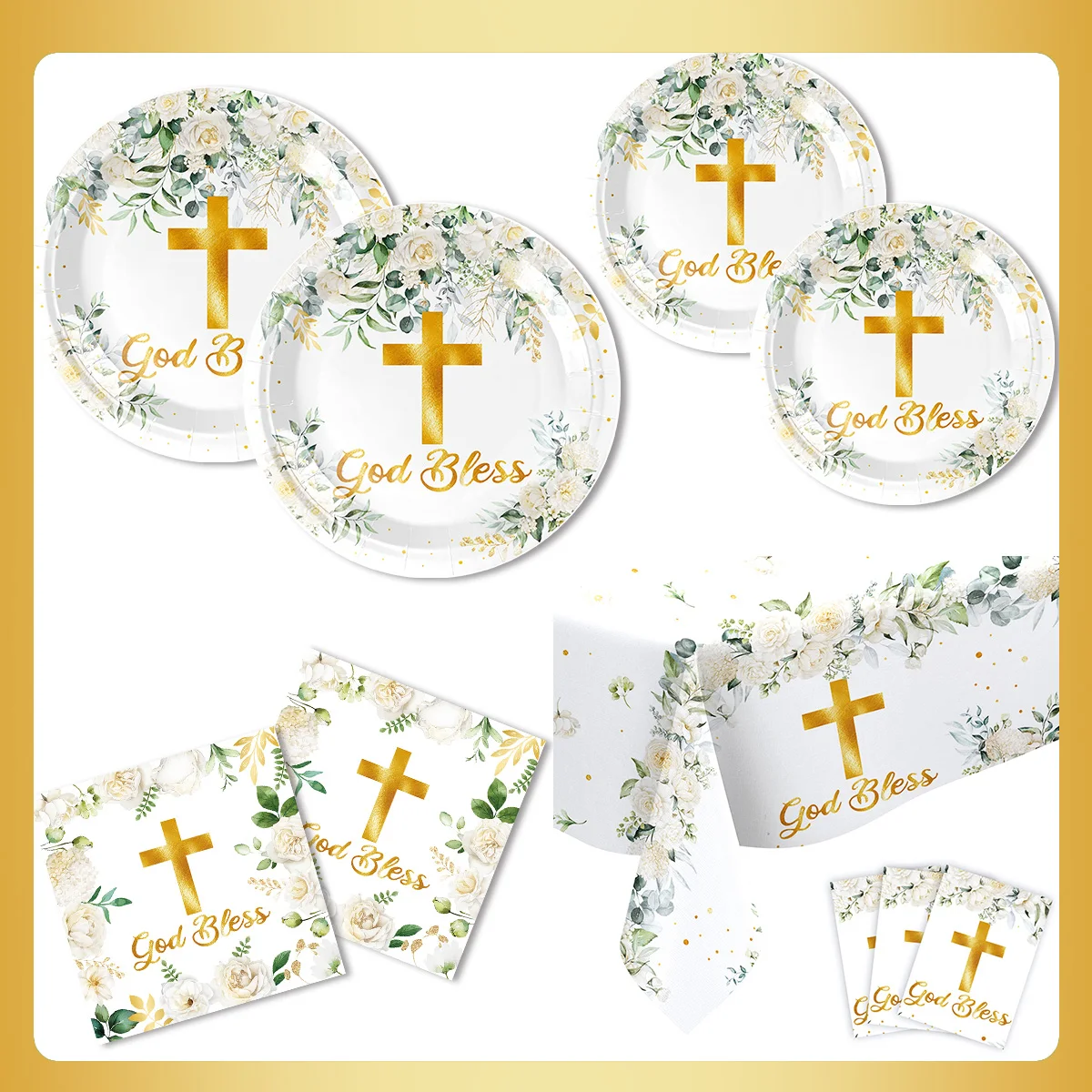 

White Cross Themed Birthday Party Supplies Paper Plate Tablecloth Napkin Party Show